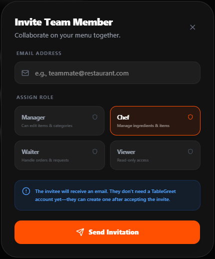 TableGreet Step 3: Invite Team Member Modal and Role Selection