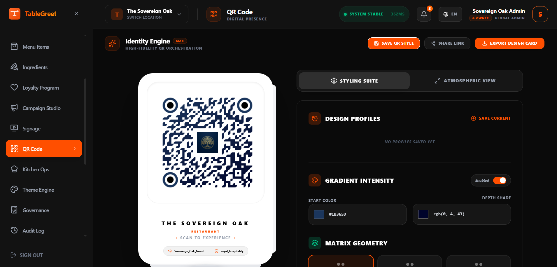 لوحة استوديو تصميم رموز QR في TableGreet