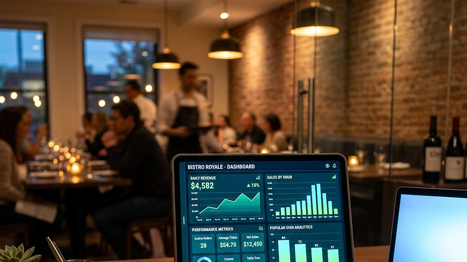 Business analytics charts and metrics displayed on dashboard screen